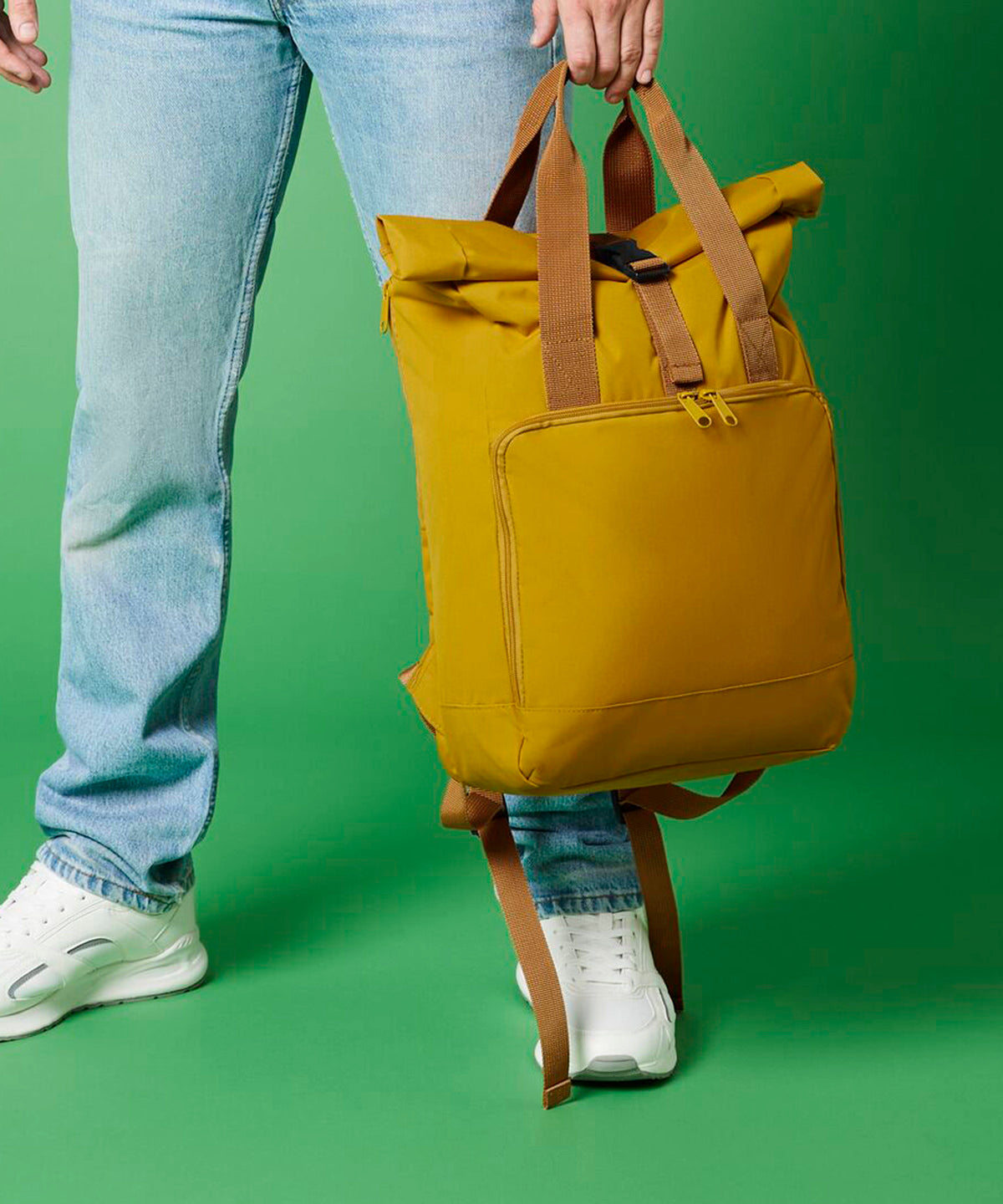 Bagbase Recycled twin handle roll-top laptop backpack, lifestyle photo