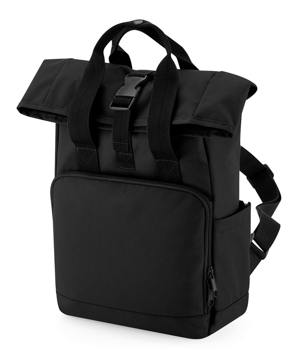 Bagbase Recycled mini twin handle roll-top backpack in Black, front view