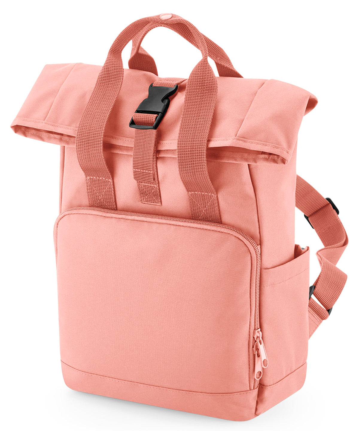 Bagbase Recycled mini twin handle roll-top backpack in Blush Pink, front view