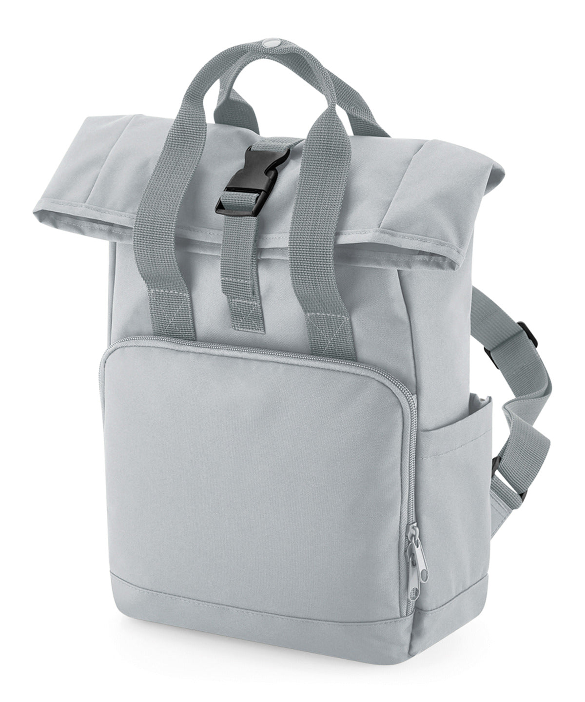 Bagbase Recycled mini twin handle roll-top backpack in Light Grey, front view