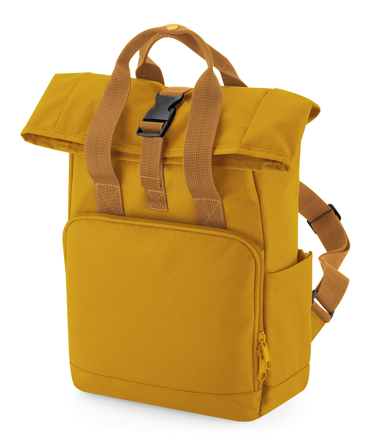Bagbase Recycled mini twin handle roll-top backpack in Mustard, front view
