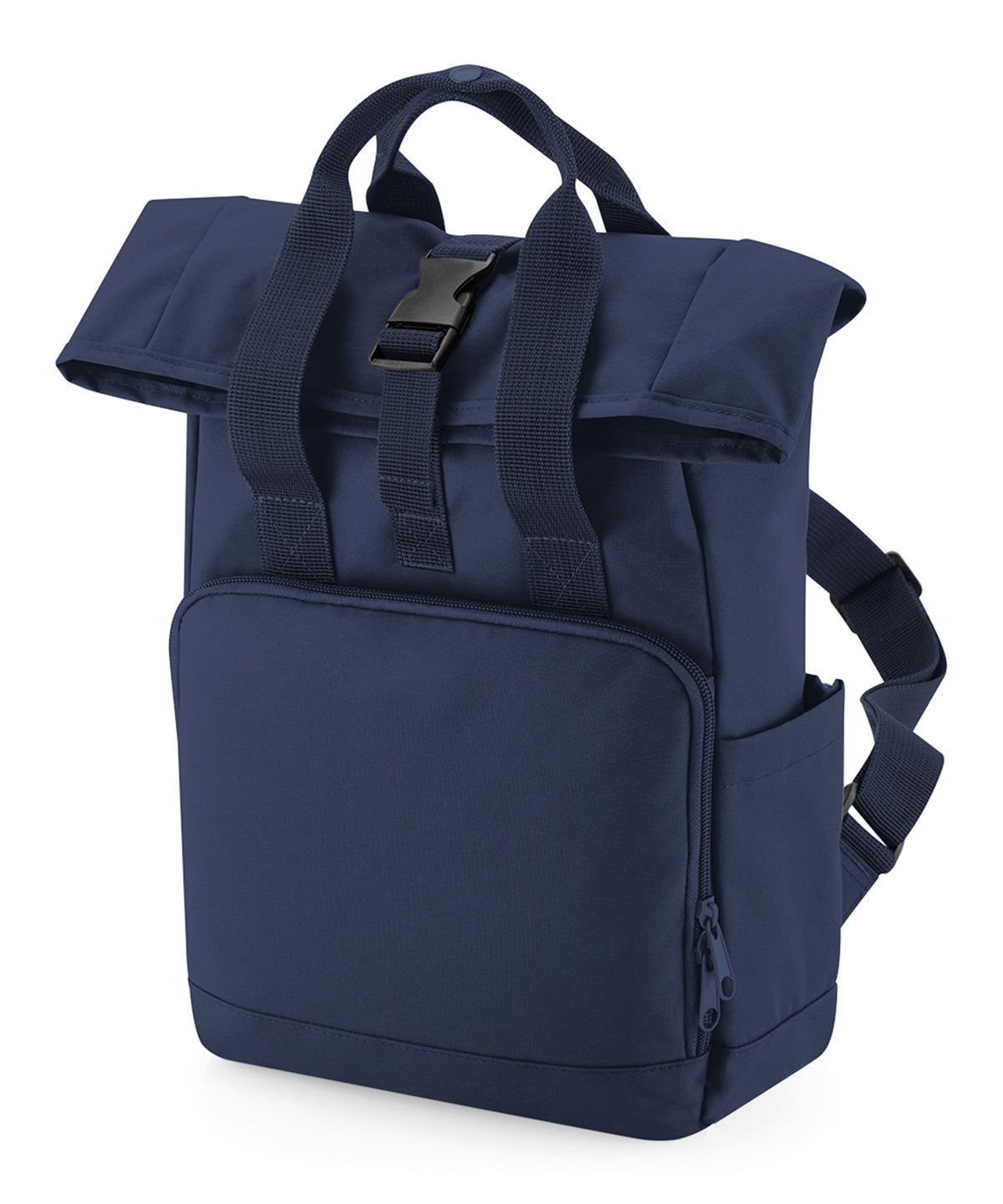 Bagbase Recycled mini twin handle roll-top backpack in Navy Dusk, front view