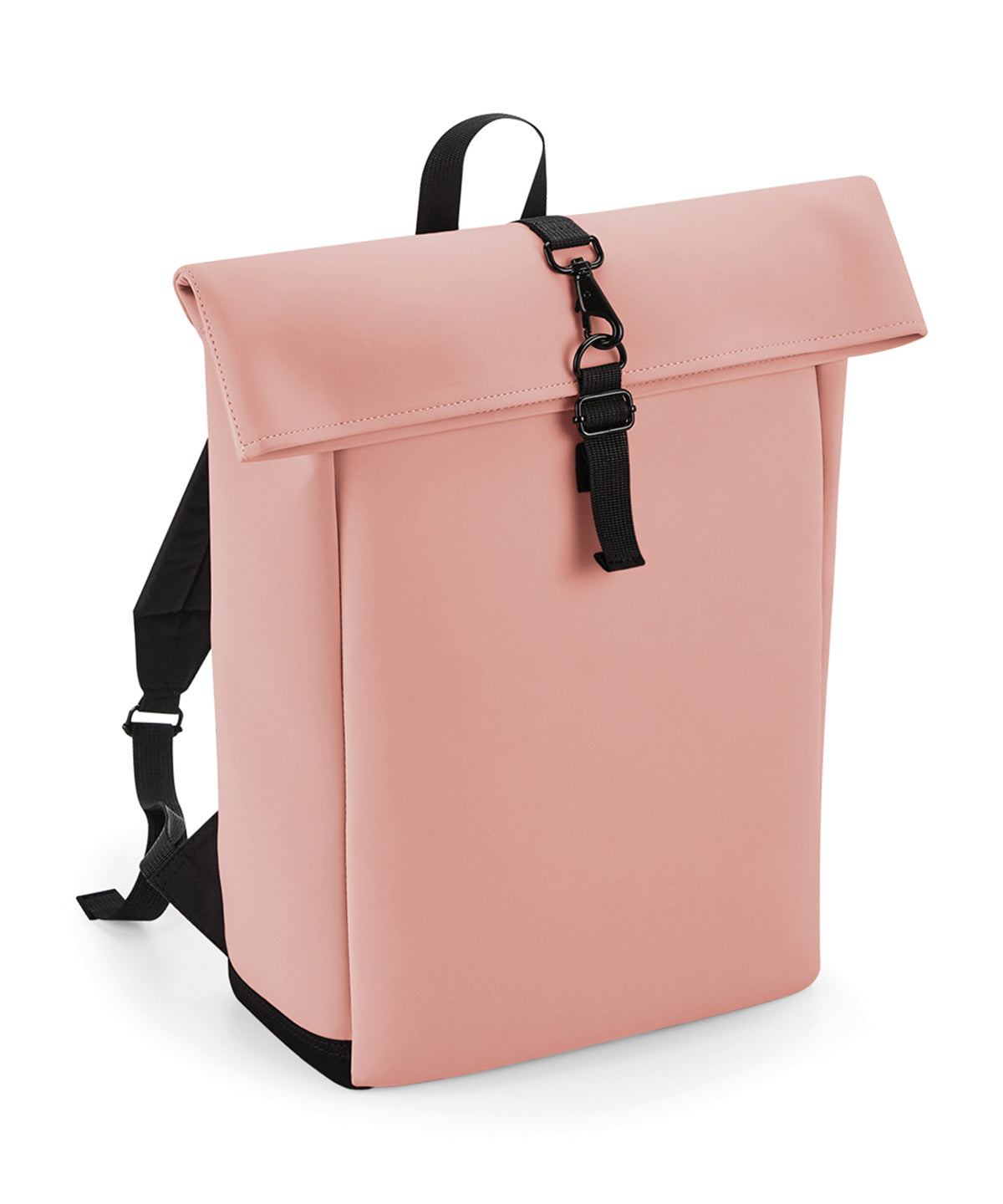 Bagbase Matte PU rolltop backpack in Nude Pink, front view