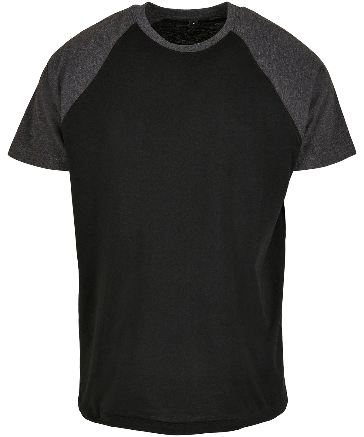 Build Your Brand Raglan contrast tee in Black/Charcoal, front view