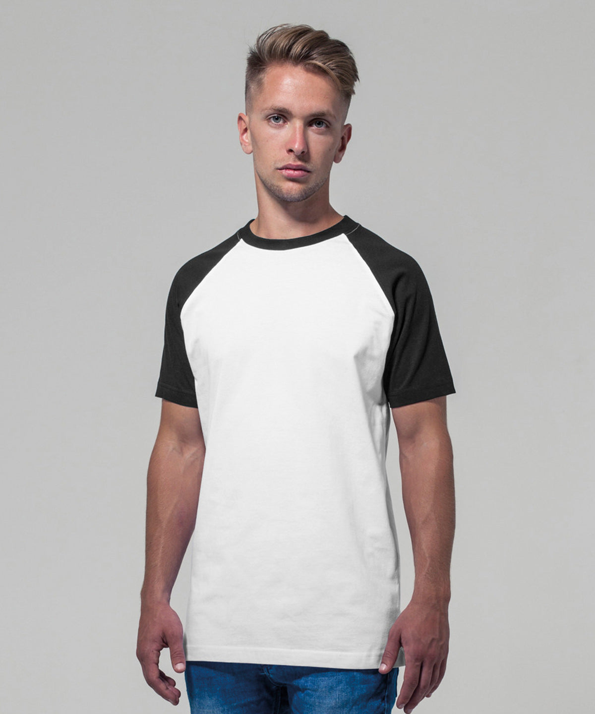 Build Your Brand Raglan contrast tee, lifestyle photo