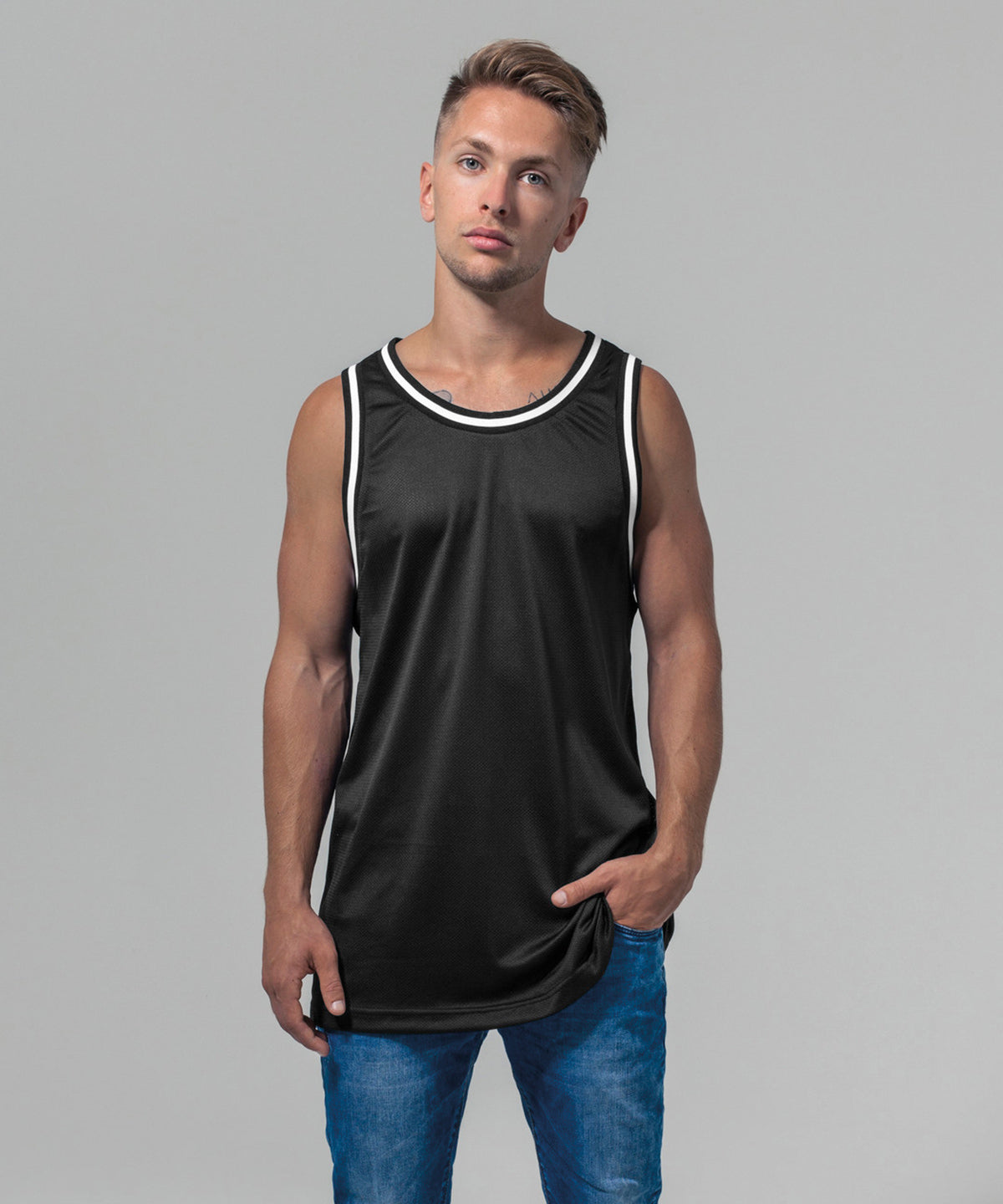 Build Your Brand Mesh tank top, lifestyle photo