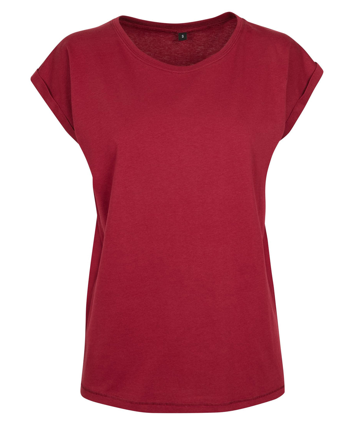 Build Your Brand Women's extended shoulder tee in Burgundy†, front view