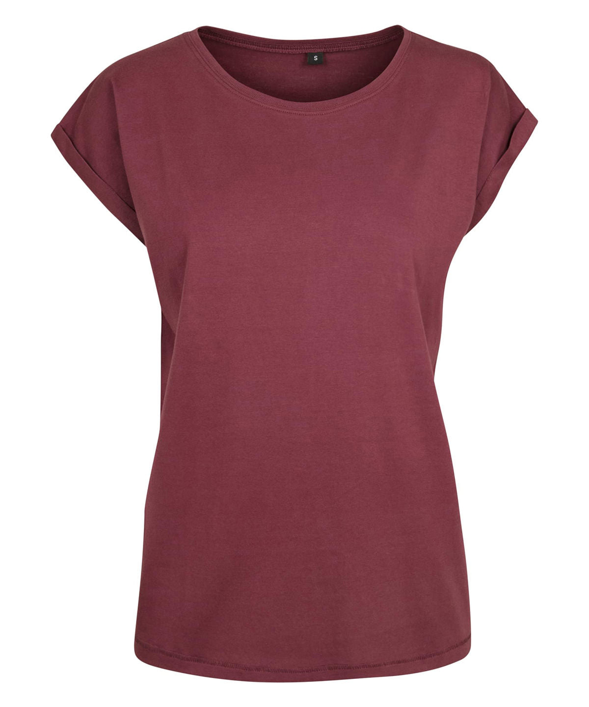 Build Your Brand Women's extended shoulder tee in Cherry†, front view