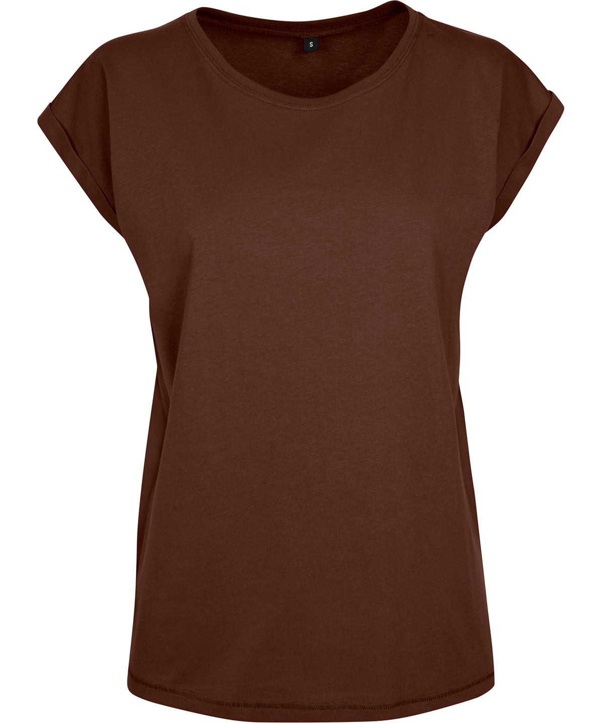 Build Your Brand Women's extended shoulder tee in Chocolate Brown†, front view