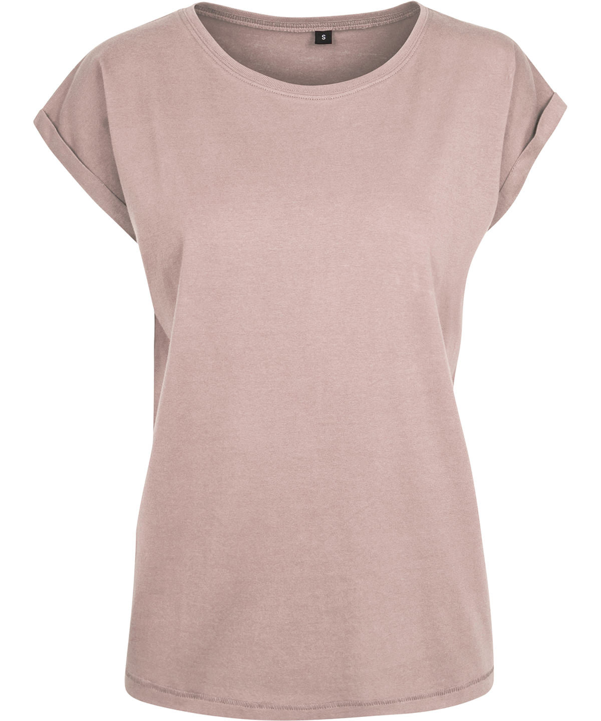 Build Your Brand Women's extended shoulder tee in Dusk Rose†, front view