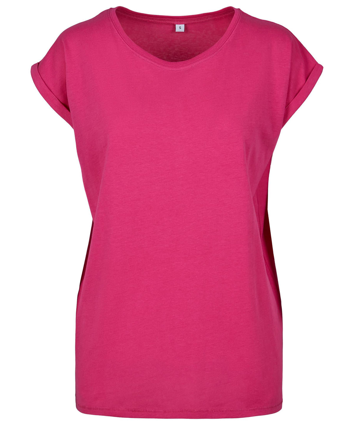 Build Your Brand Women's extended shoulder tee in Hibiskus Pink, front view