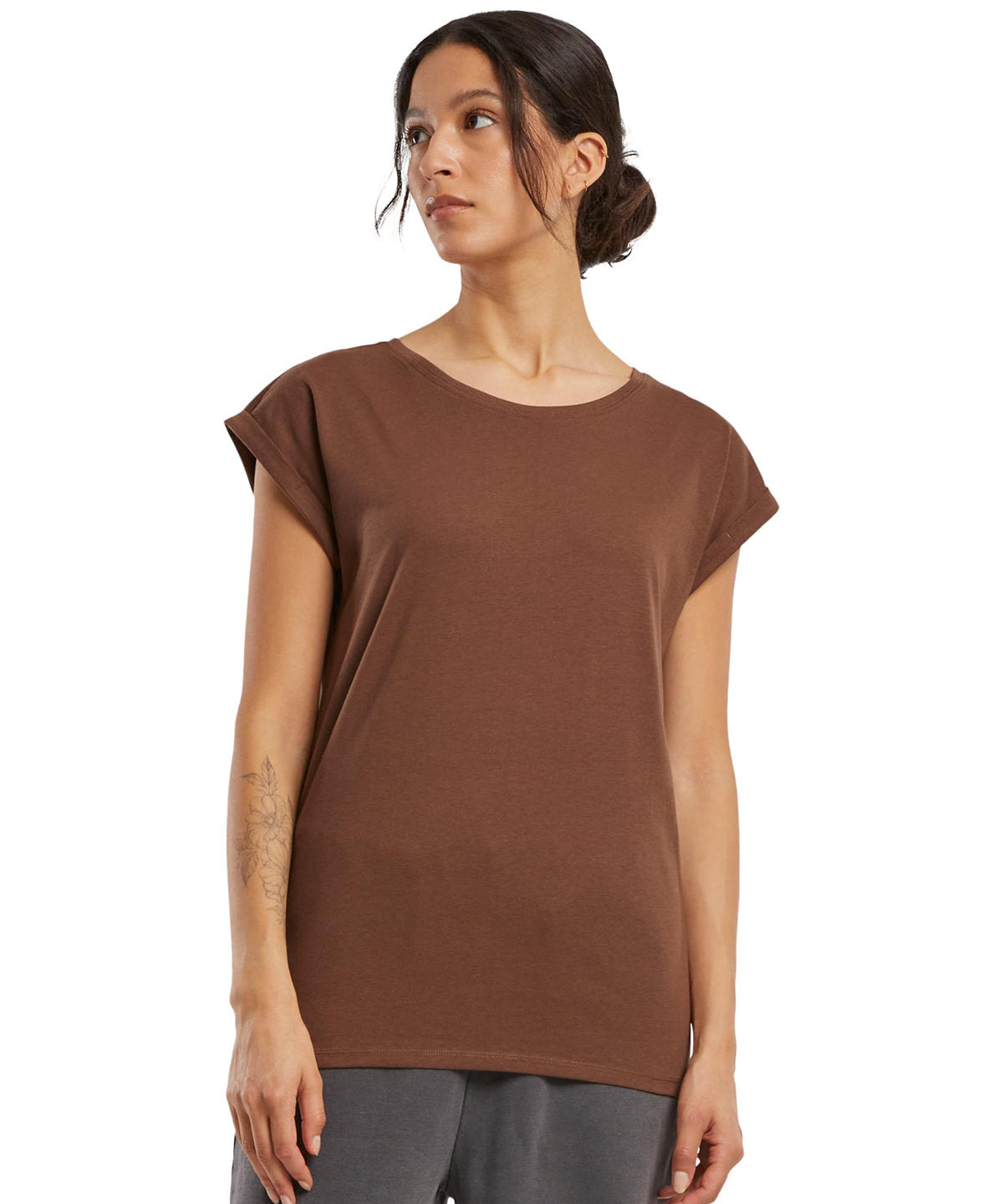 Build Your Brand Women's extended shoulder tee, lifestyle photo