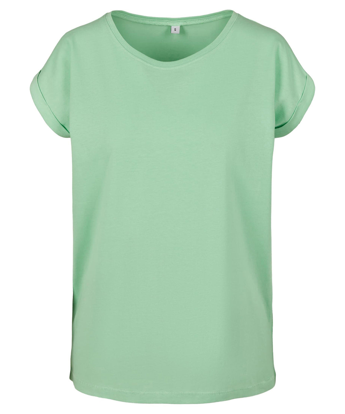 Build Your Brand Women's extended shoulder tee in Neo Mint, front view