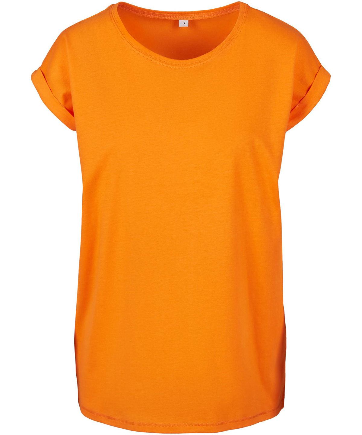 Build Your Brand Women's extended shoulder tee in Paradise Orange, front view