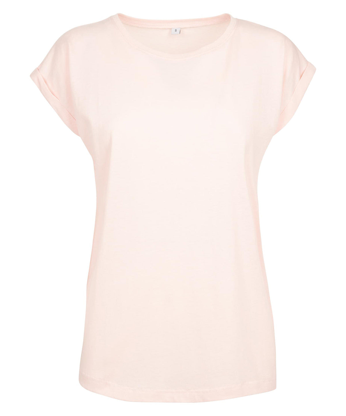 Build Your Brand Women's extended shoulder tee in Pink, front view