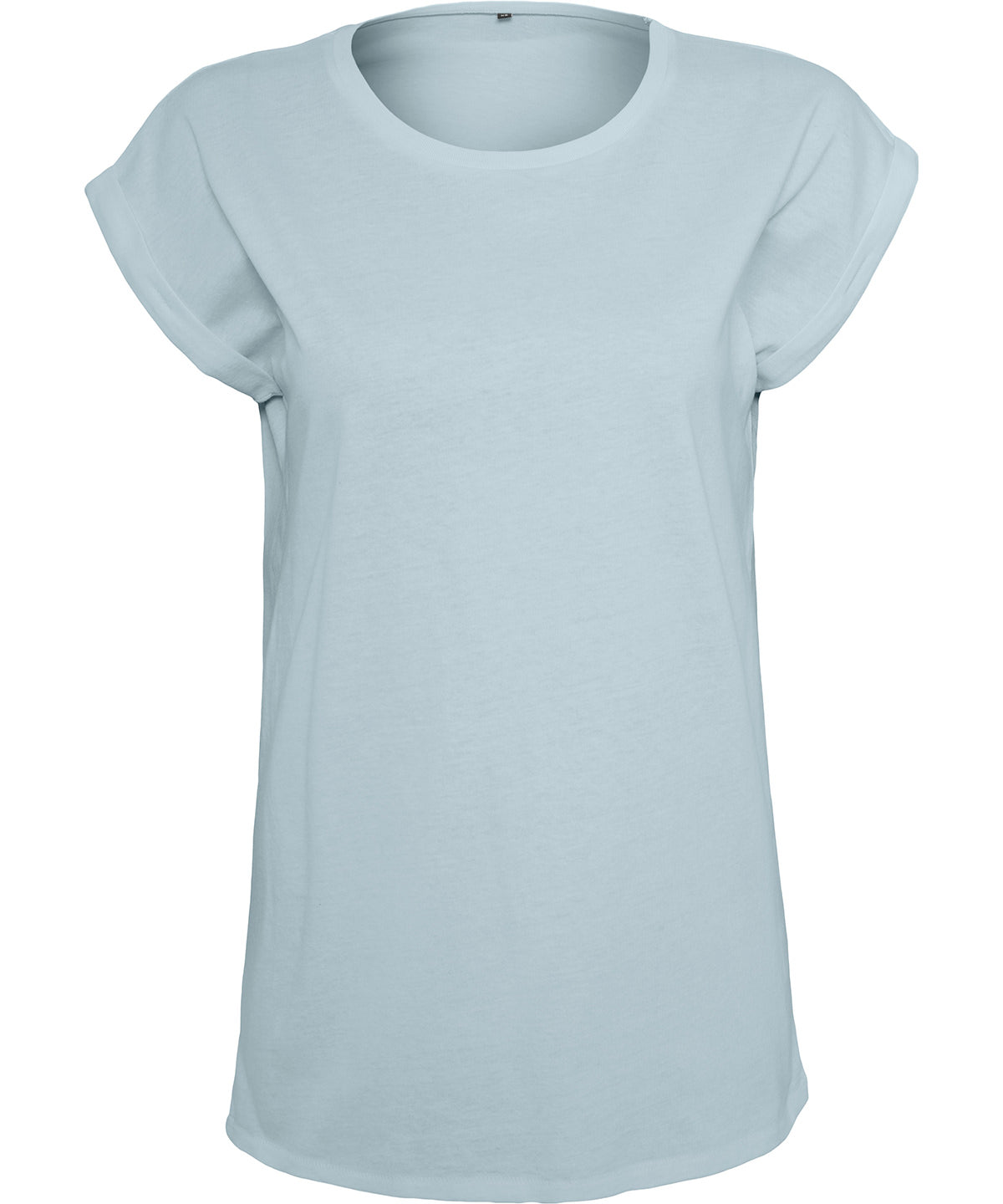 Build Your Brand Women's extended shoulder tee in Powder Blue, front view