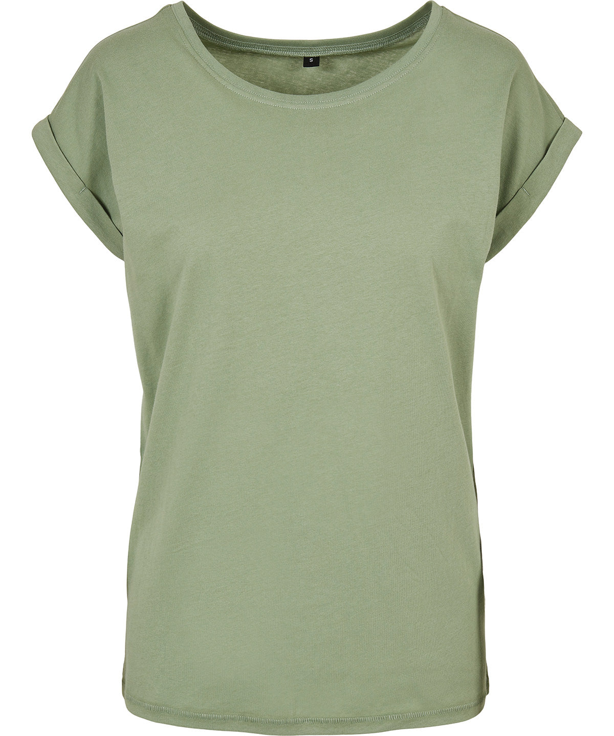 Build Your Brand Women's extended shoulder tee in Soft Salvia, front view