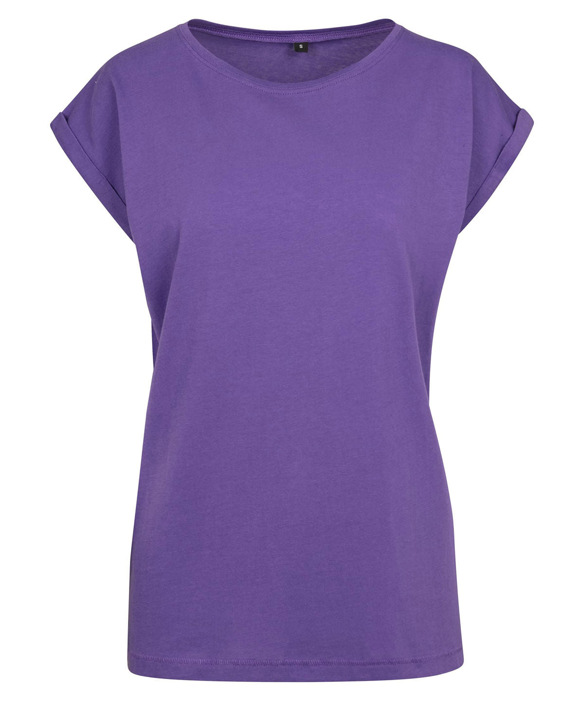 Build Your Brand Women's extended shoulder tee in Ultra Violet, front view