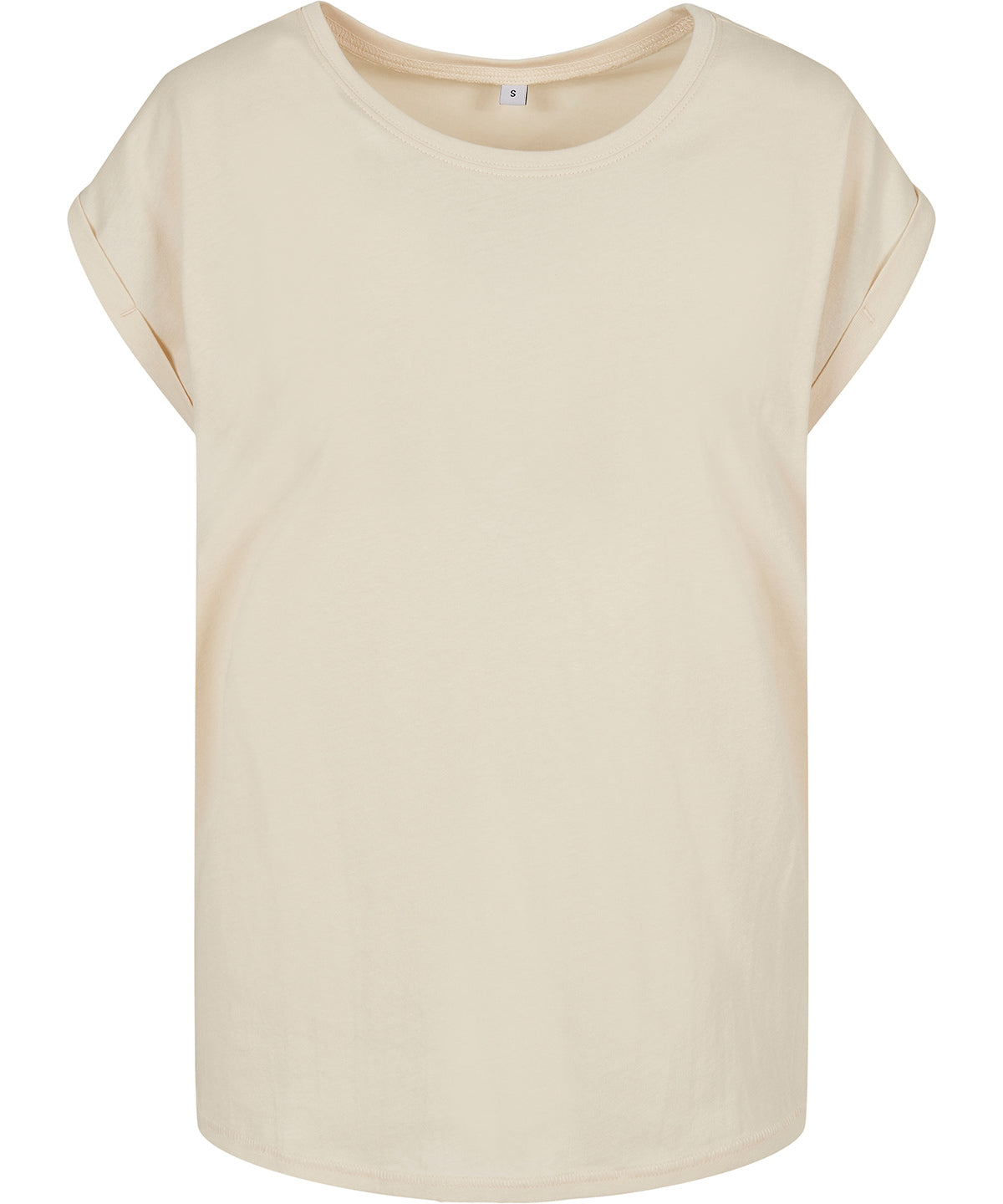 Build Your Brand Women's extended shoulder tee in White Sand, front view