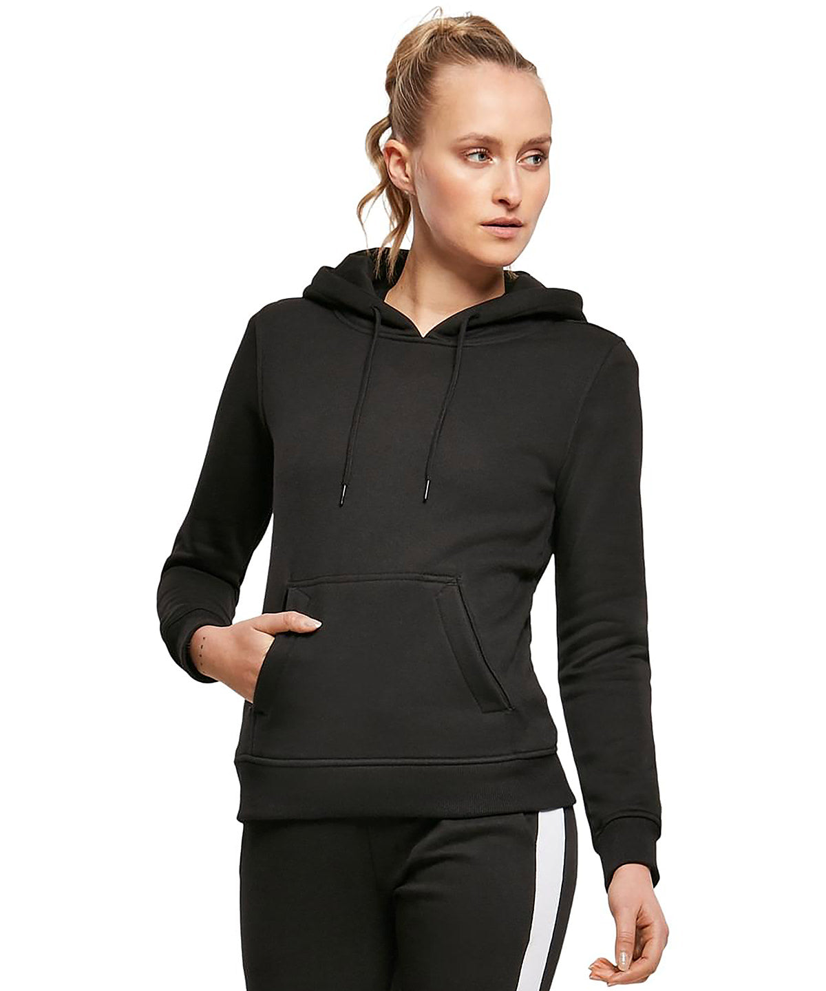 Build Your Brand Women's heavy hoodie, lifestyle photo