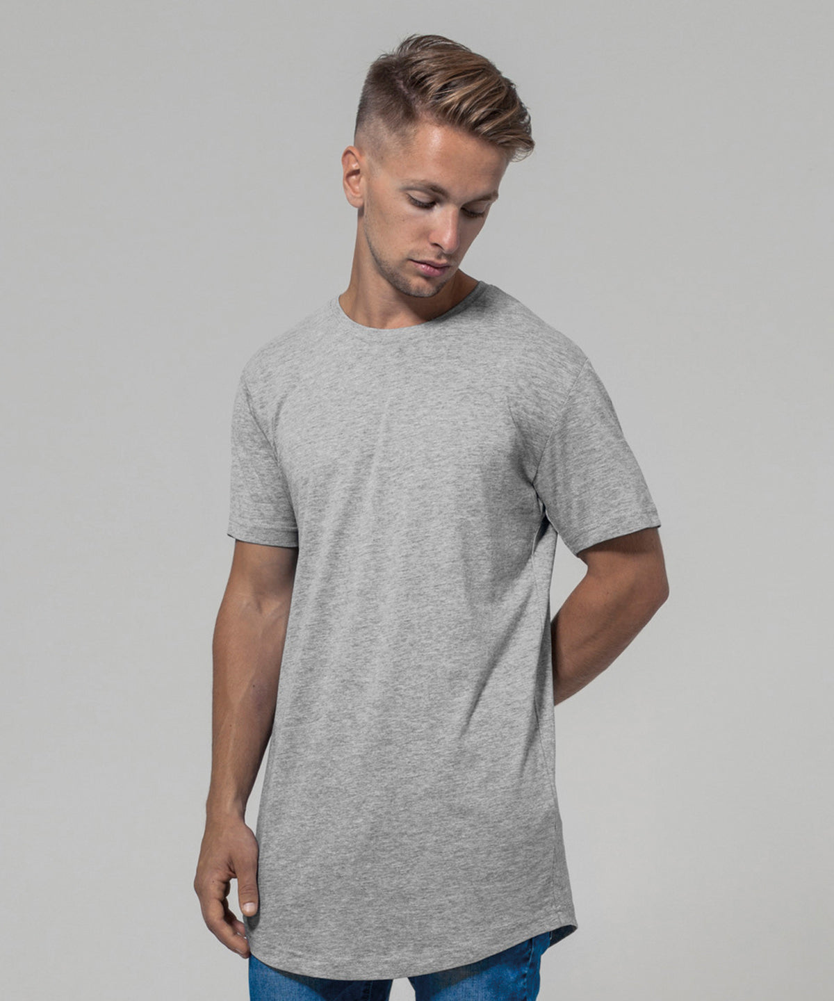 Build Your Brand Shaped long tee, lifestyle photo