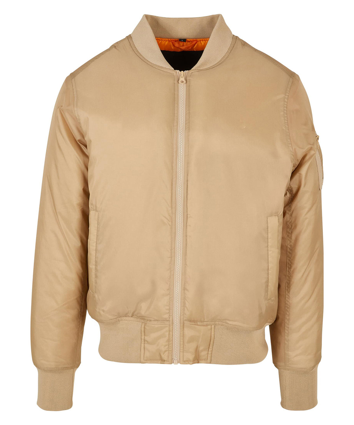 Build Your Brand Bomber jacket in Union Beige, front view
