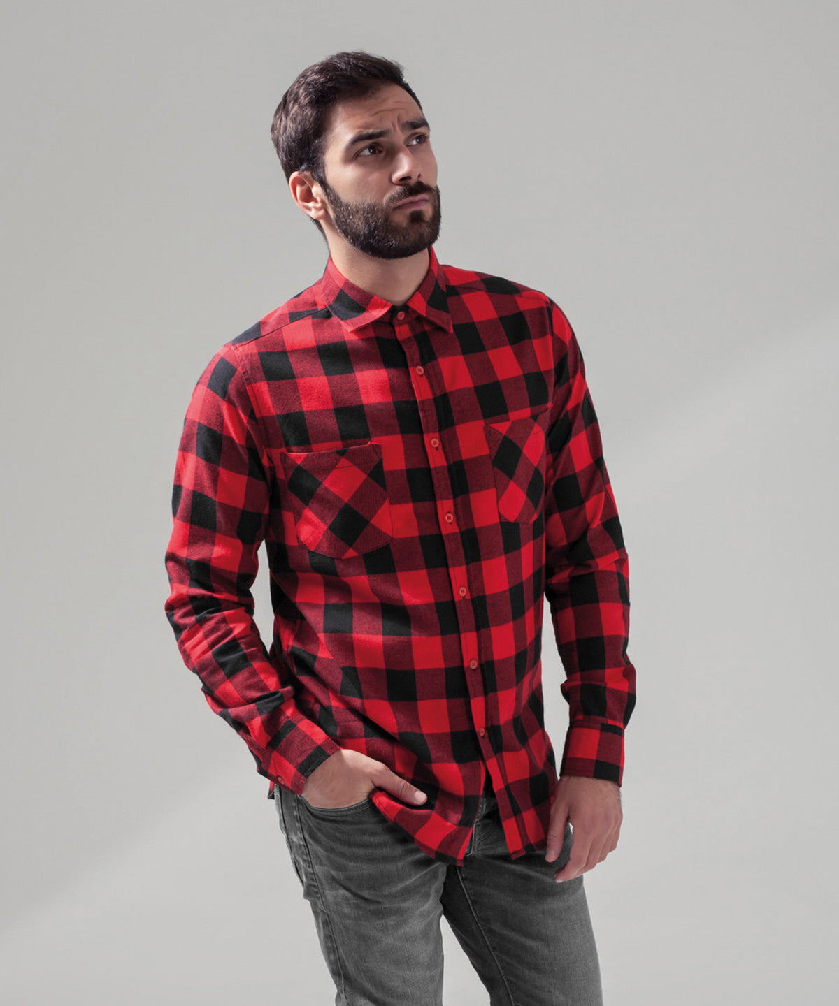 Build Your Brand Checked flannel shirt in Black/Red, lifestyle photo