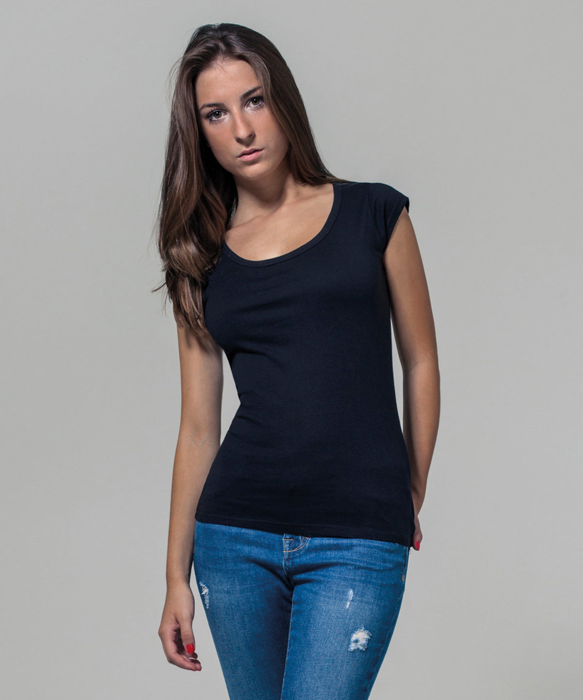Build Your Brand Women's back cut tee, lifestyle photo