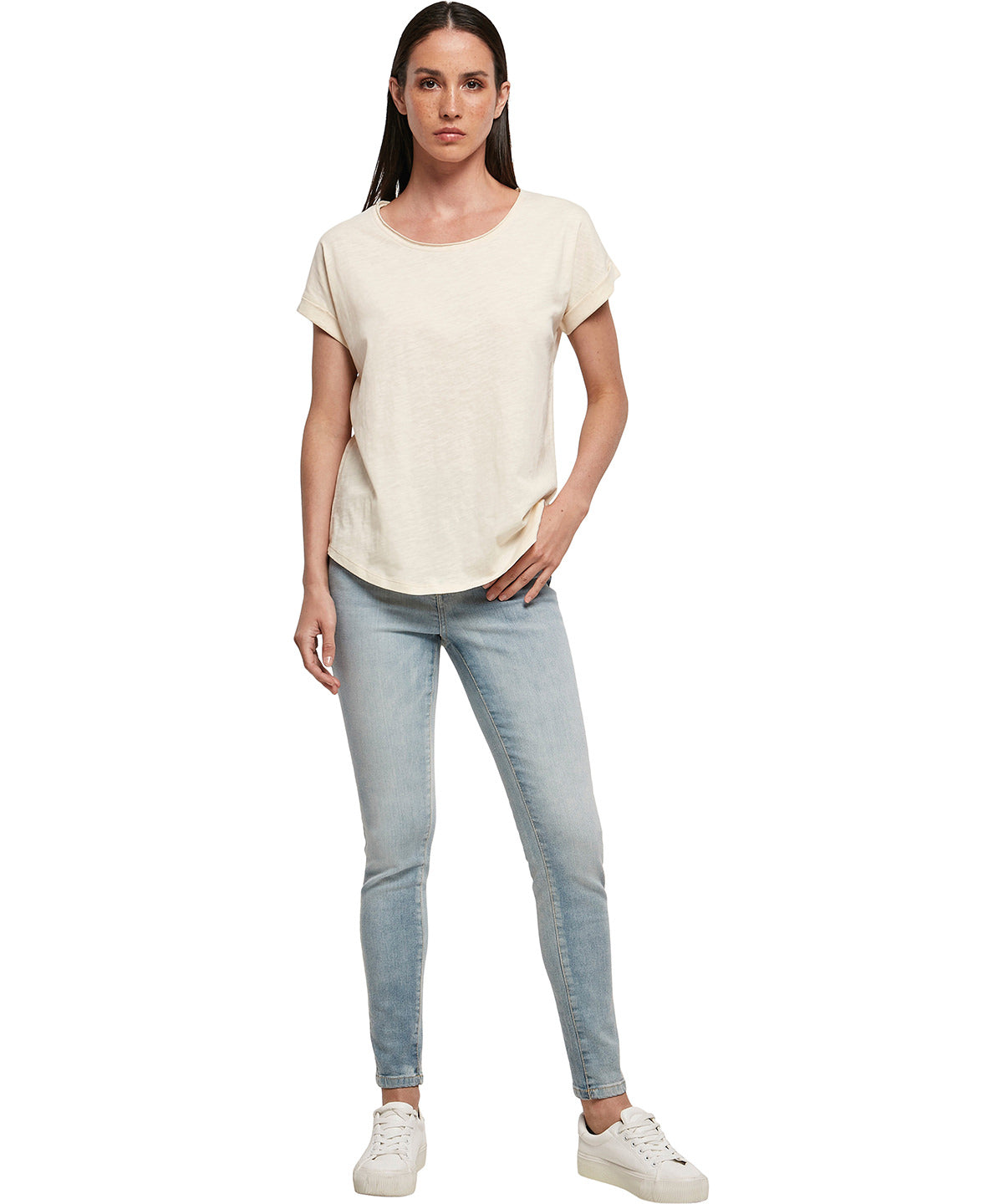 Build Your Brand Women's long slub tee, lifestyle photo