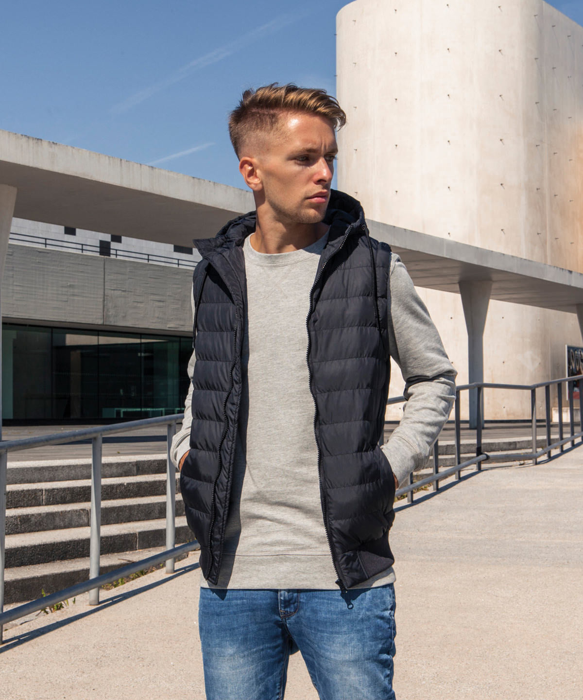 Build Your Brand Bubble vest in Black/Black, lifestyle photo