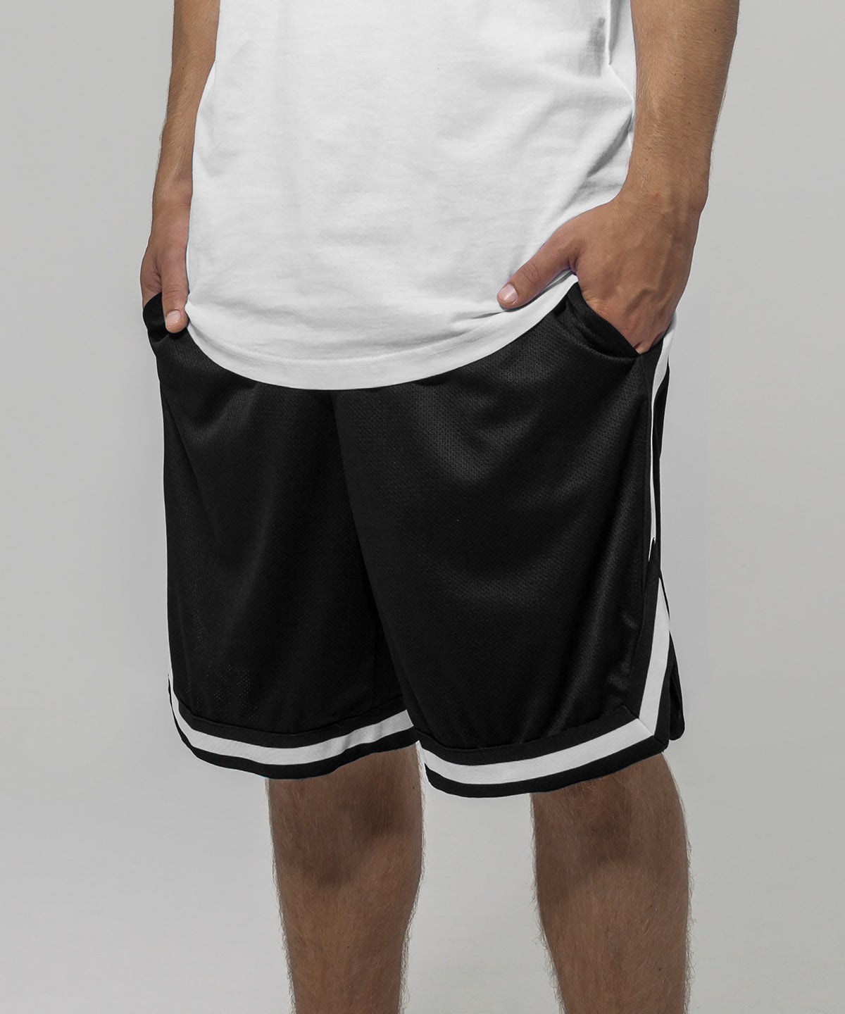 Build Your Brand Two-tone mesh shorts in Black/Black/White, lifestyle photo