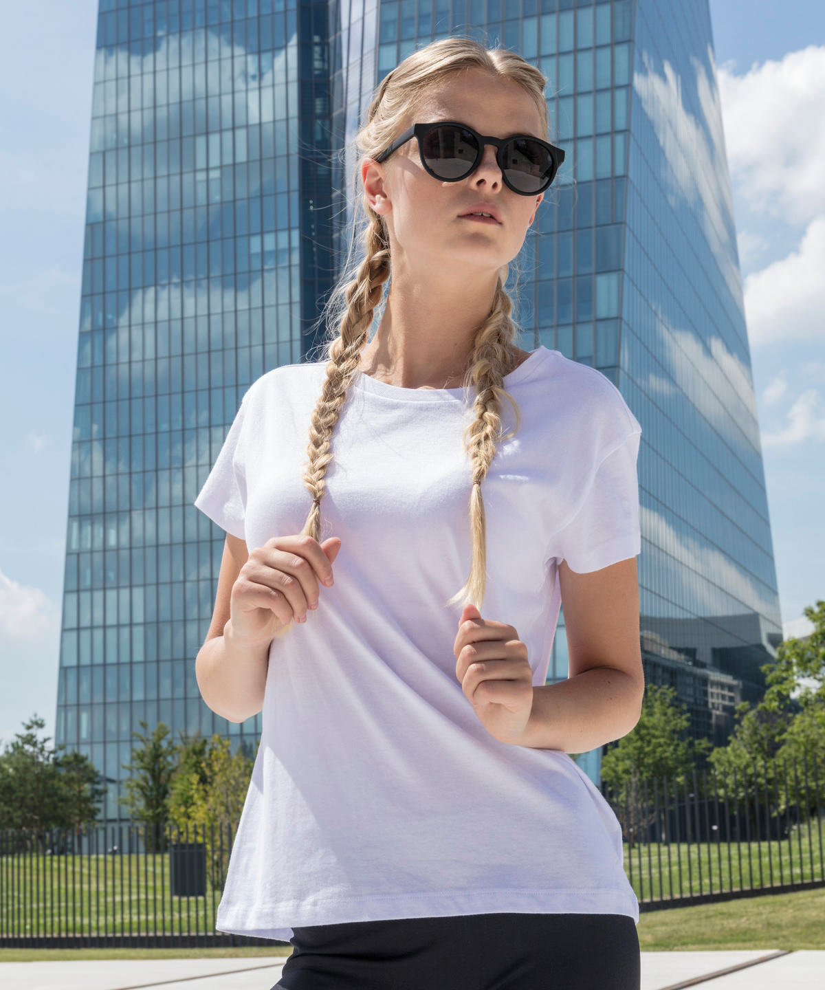 Build Your Brand Women's box tee, lifestyle photo