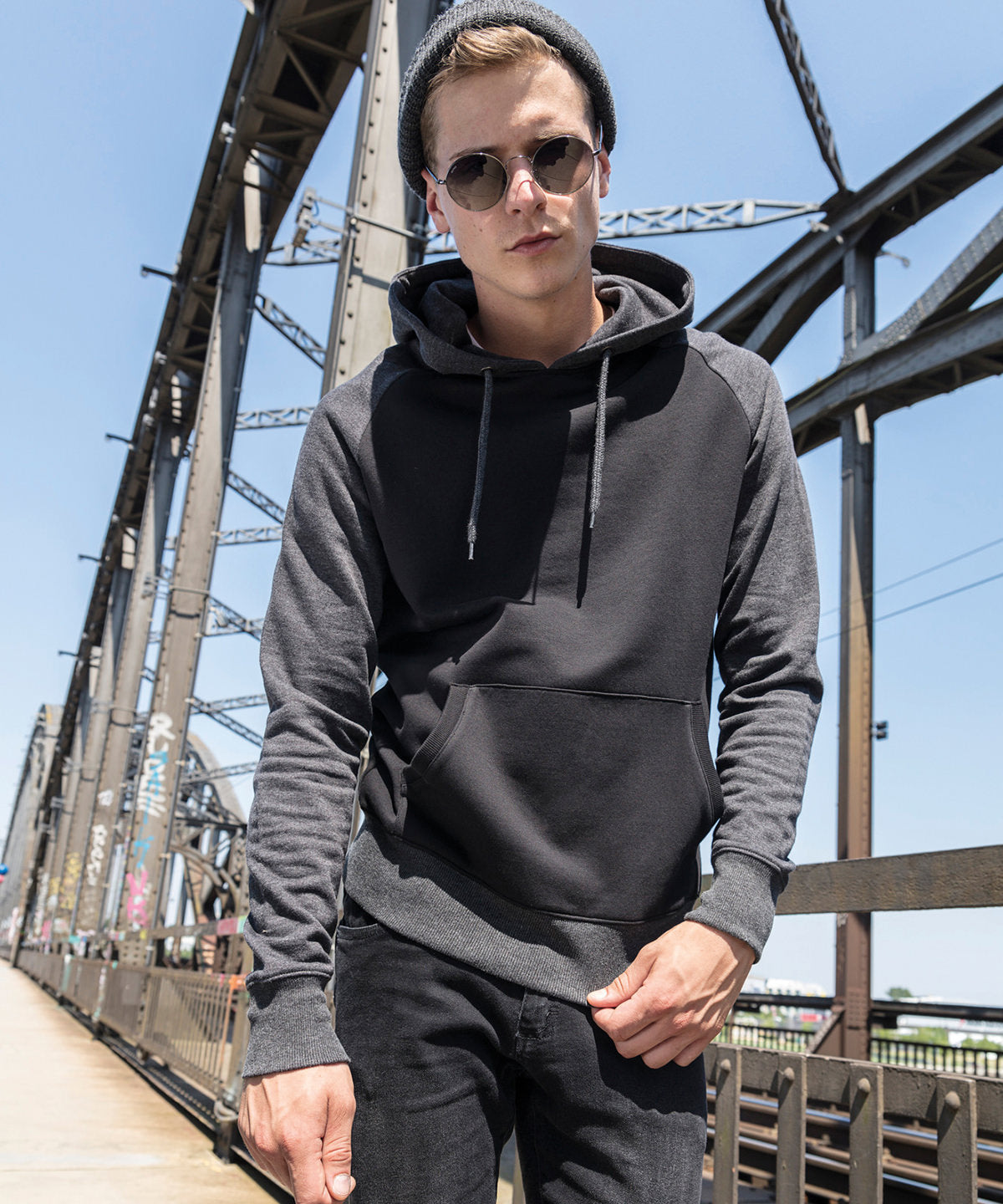 Build Your Brand Raglan hoodie, lifestyle photo