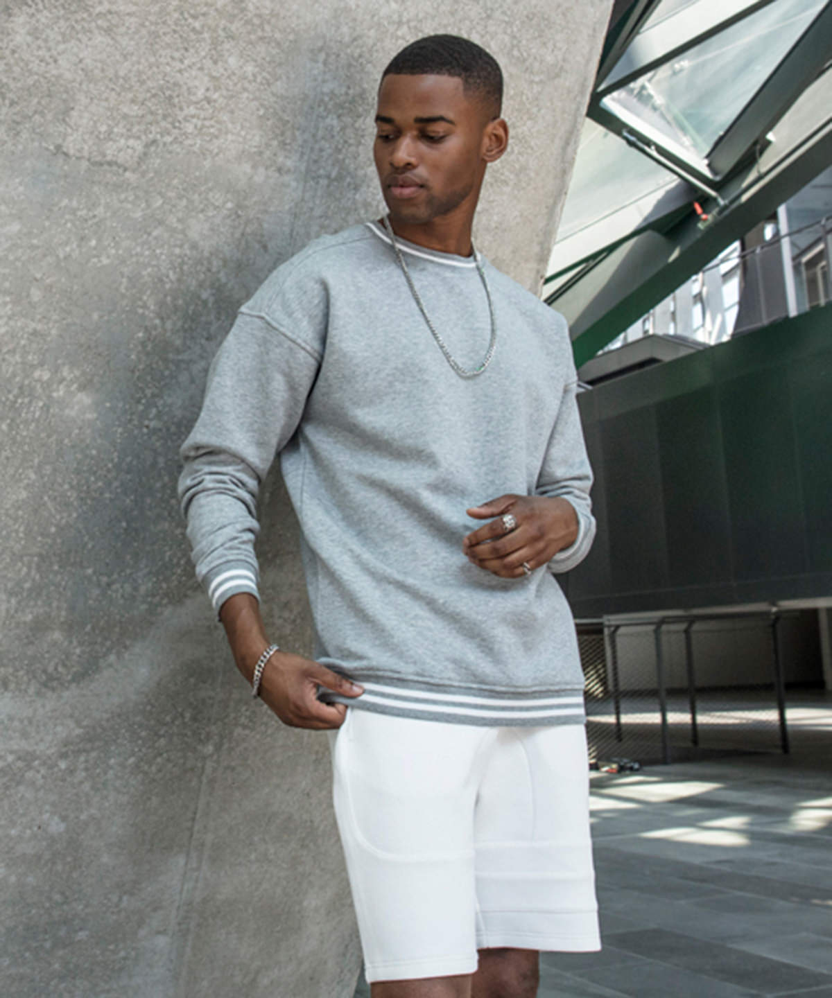 Build Your Brand College sweat crew in Heather Grey/White, lifestyle photo