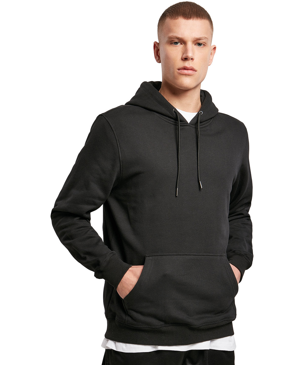 Build Your Brand Premium hoodie in Black, lifestyle photo