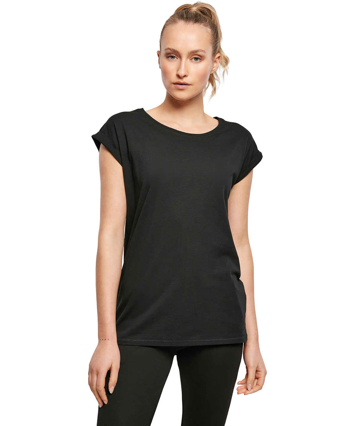 Build Your Brand Women's organic extended shoulder tee, lifestyle photo