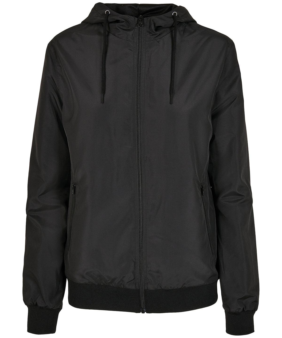 Build Your Brand Women's recycled windrunner in Black/Black, front view