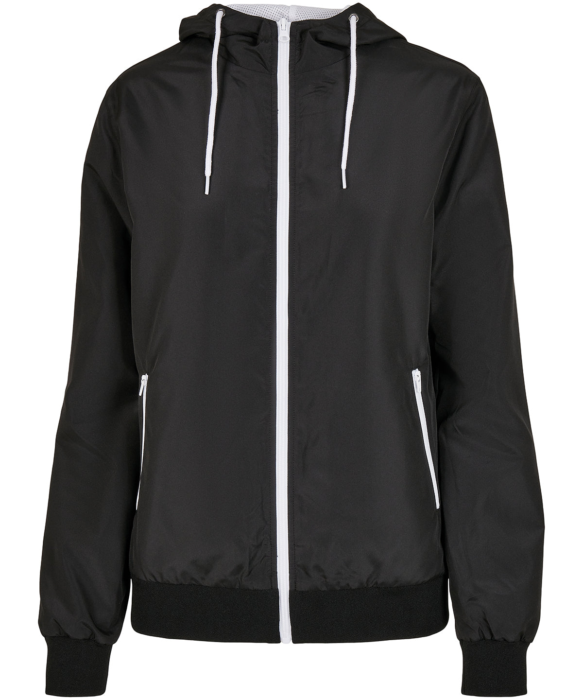 Build Your Brand Women's recycled windrunner in Black/White, front view