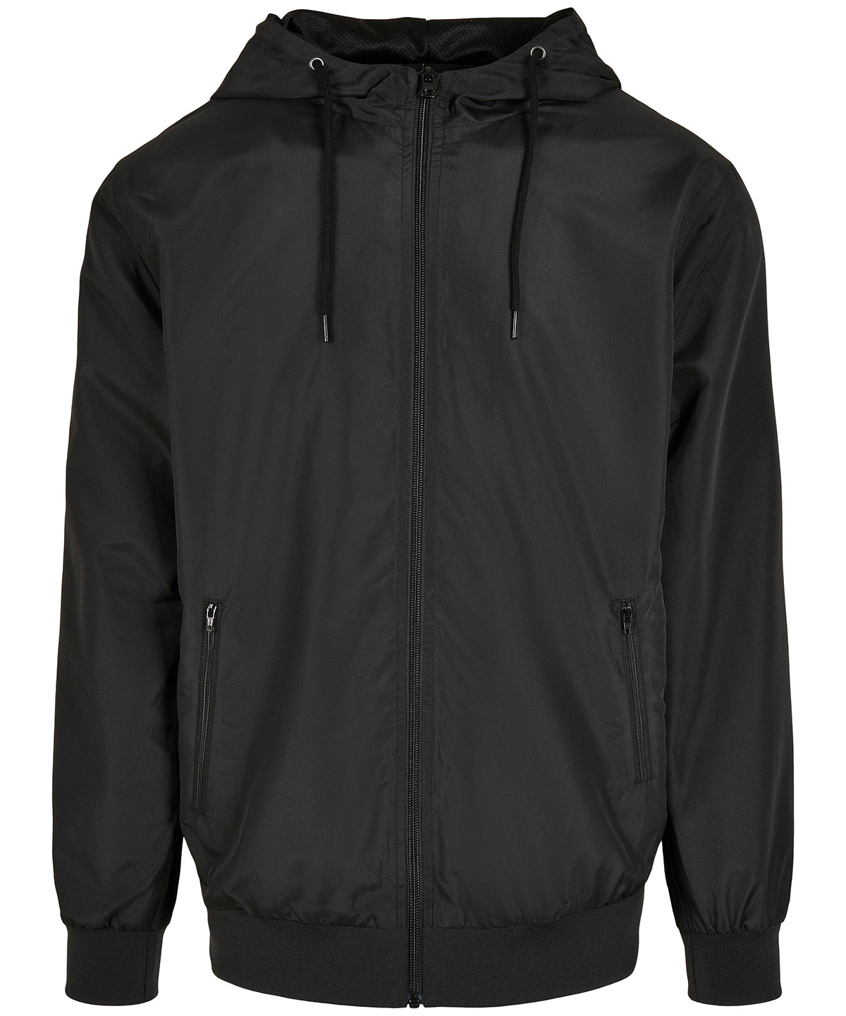 Build Your Brand Recycled windrunner in Black/Black, front view
