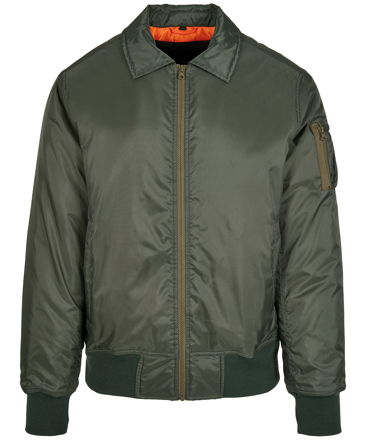 Build Your Brand Collar bomber jacket in Dark Olive, front view
