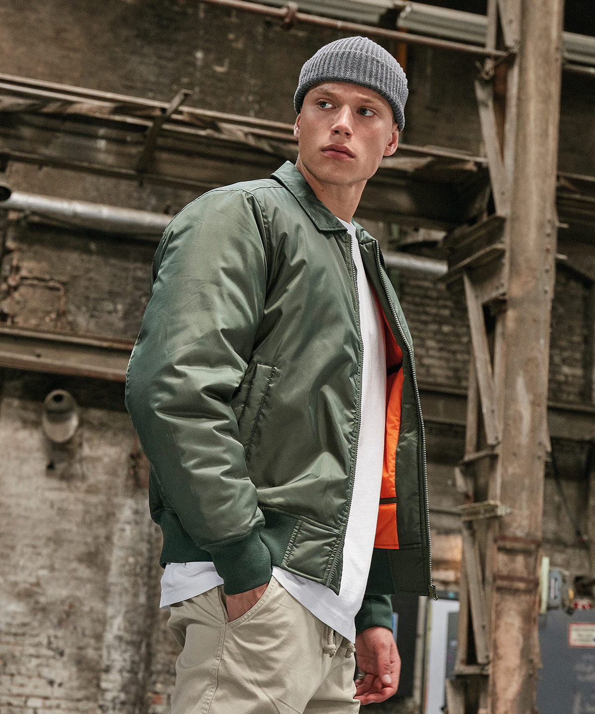 Build Your Brand Collar bomber jacket in Dark Olive, lifestyle photo