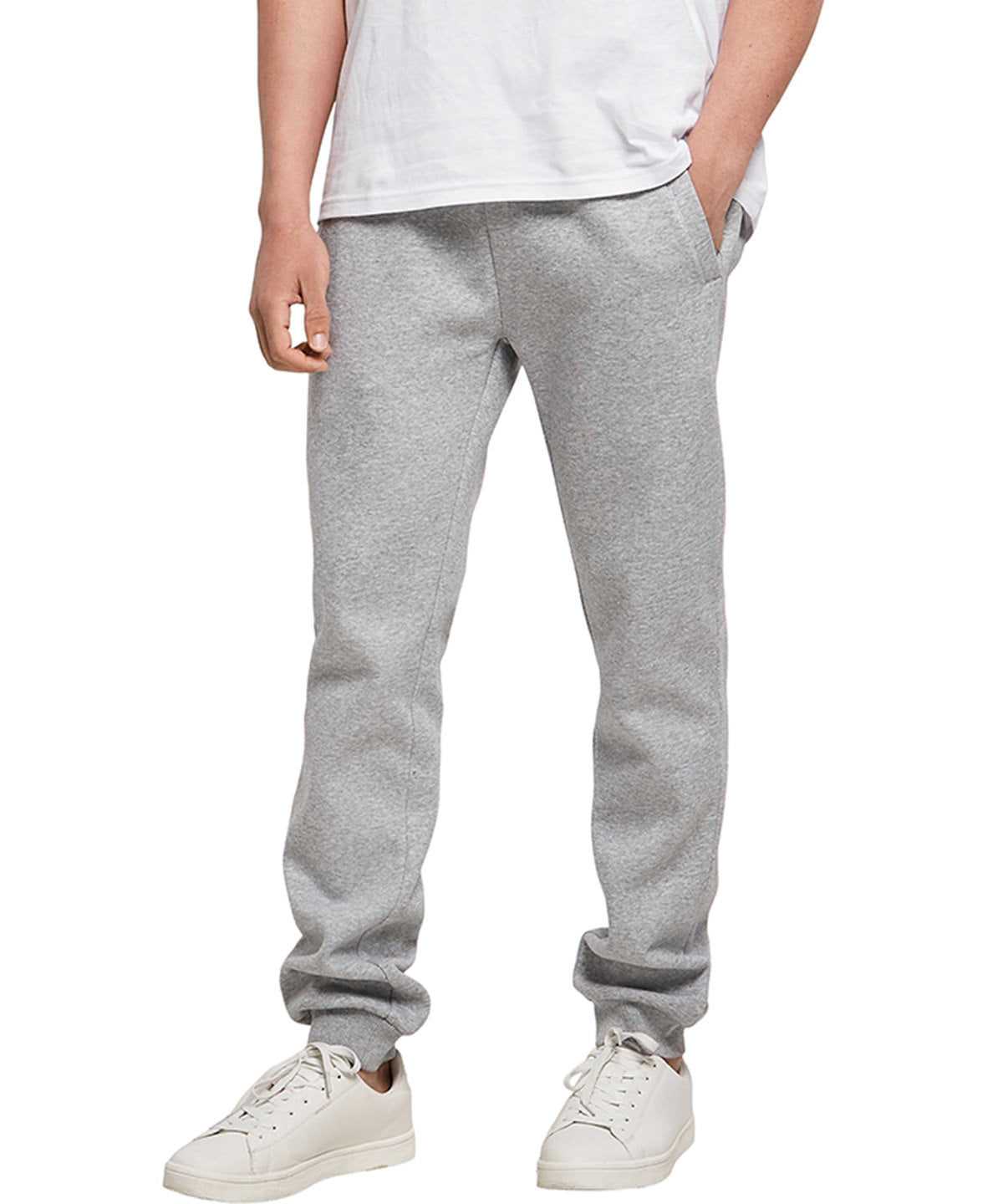 Build Your Brand Organic basic sweatpants in Heather Grey, lifestyle photo