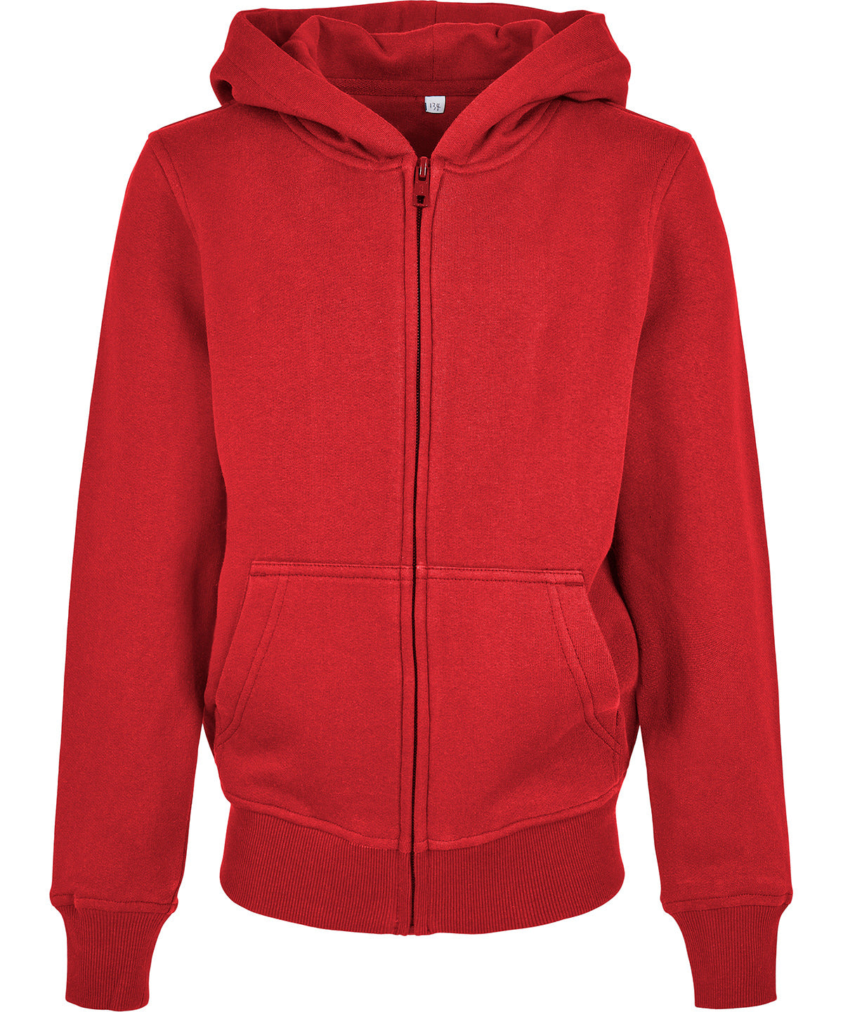 Build Your Brand Organic kids basic zip hoodie in City Red, front view