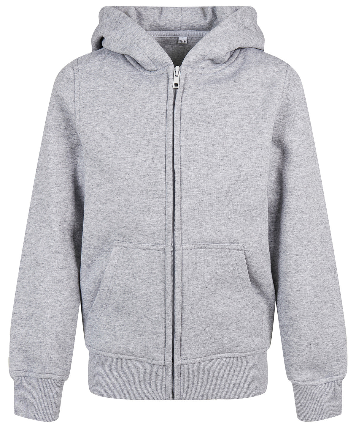 Build Your Brand Organic kids basic zip hoodie in Heather Grey, front view