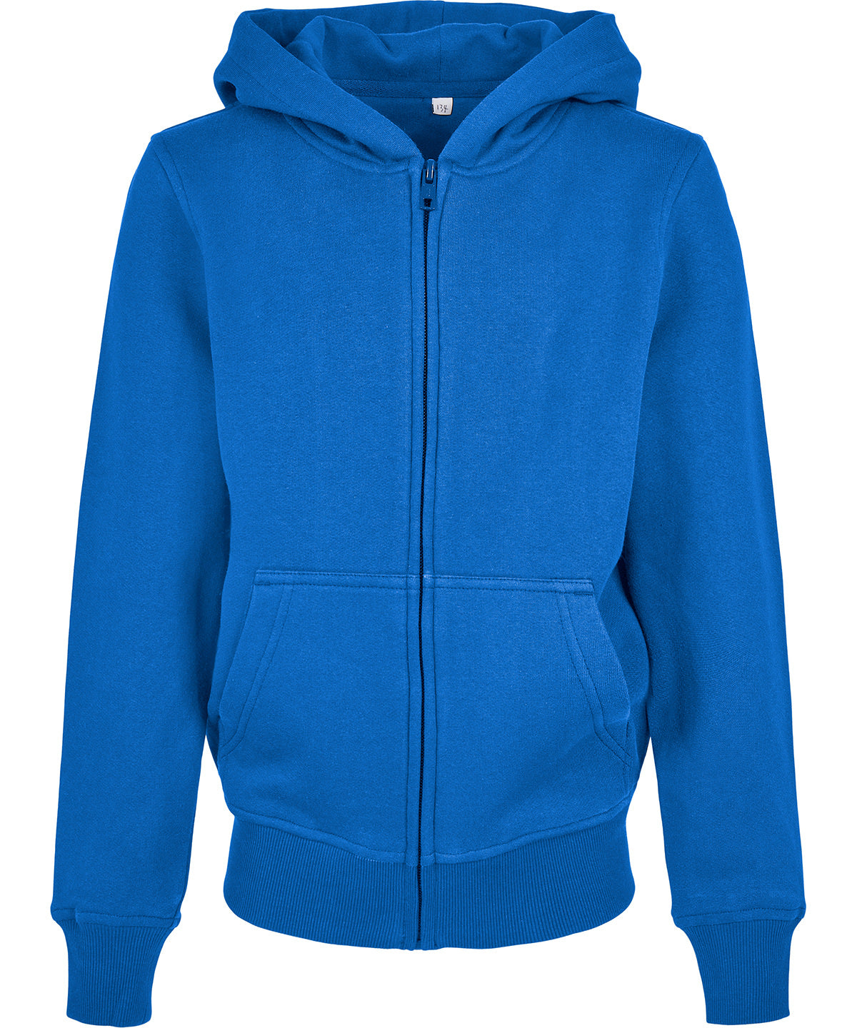 Build Your Brand Organic kids basic zip hoodie in Intense Blue, front view