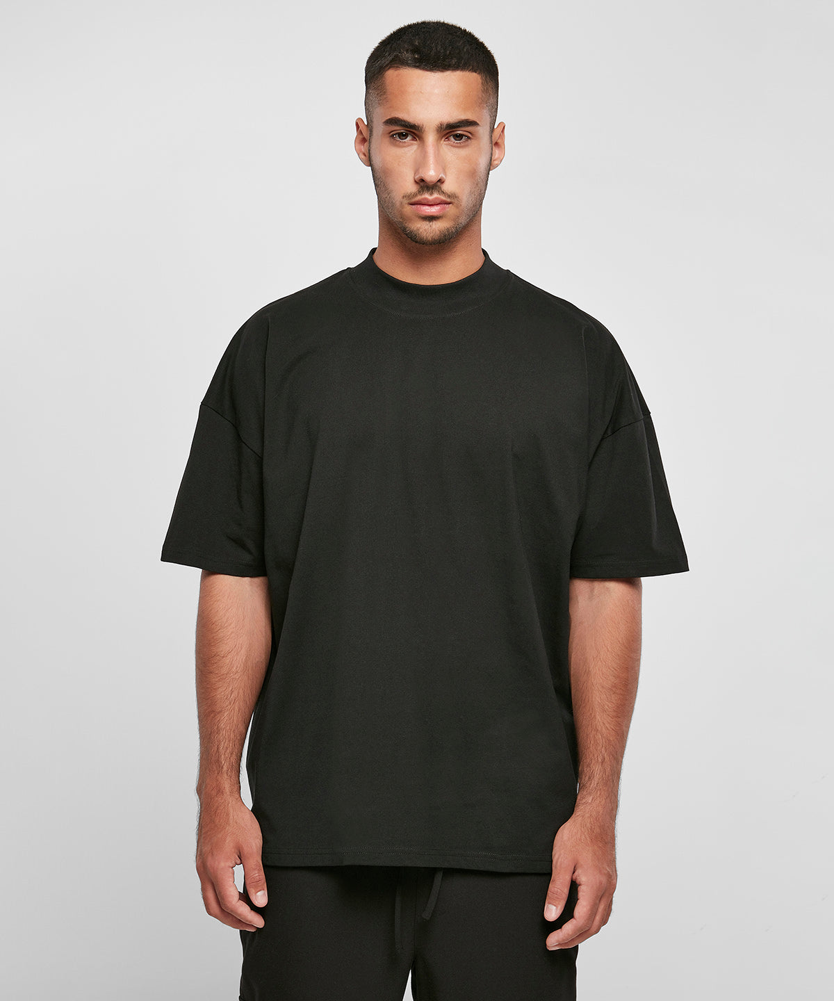 Build Your Brand Oversized mock neck tee, lifestyle photo