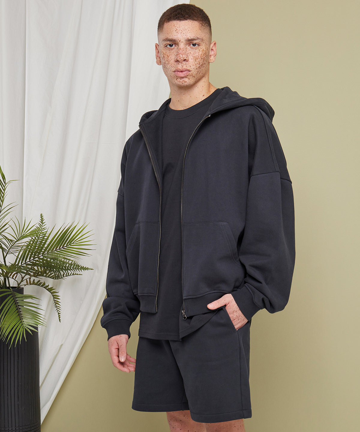 Build Your Brand 90s zip hoodie, lifestyle photo