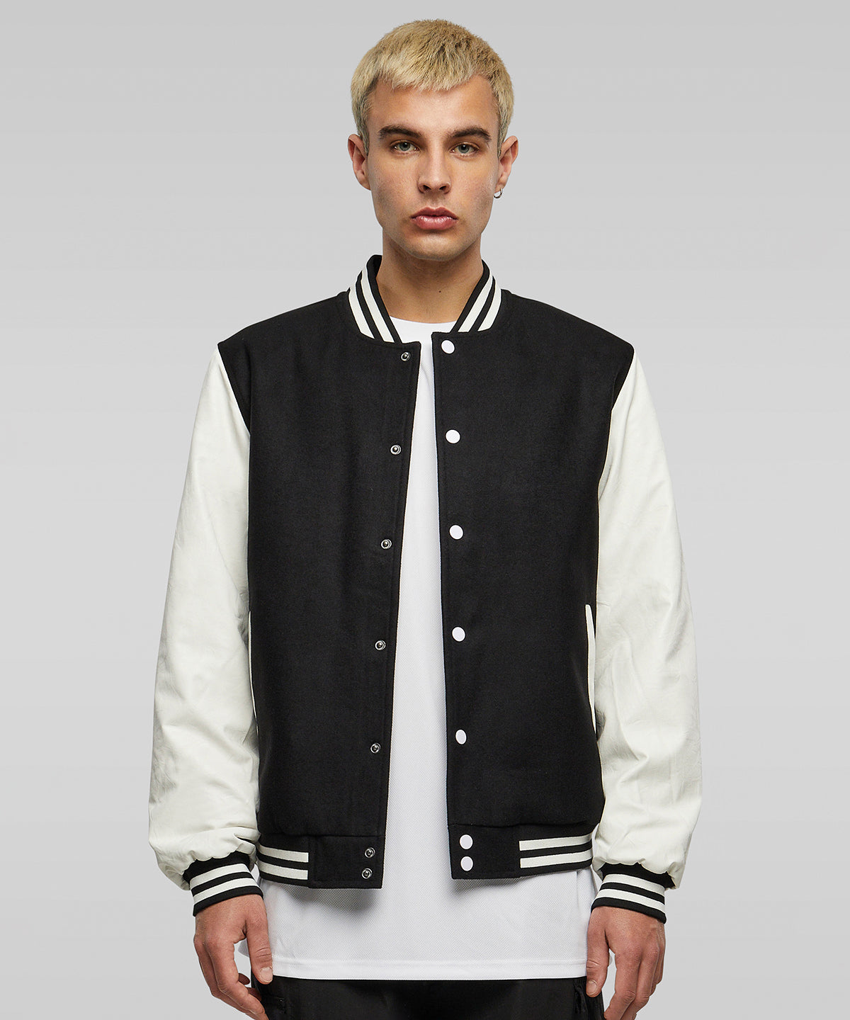 Build Your Brand Old school college jacket in Black/White, lifestyle photo