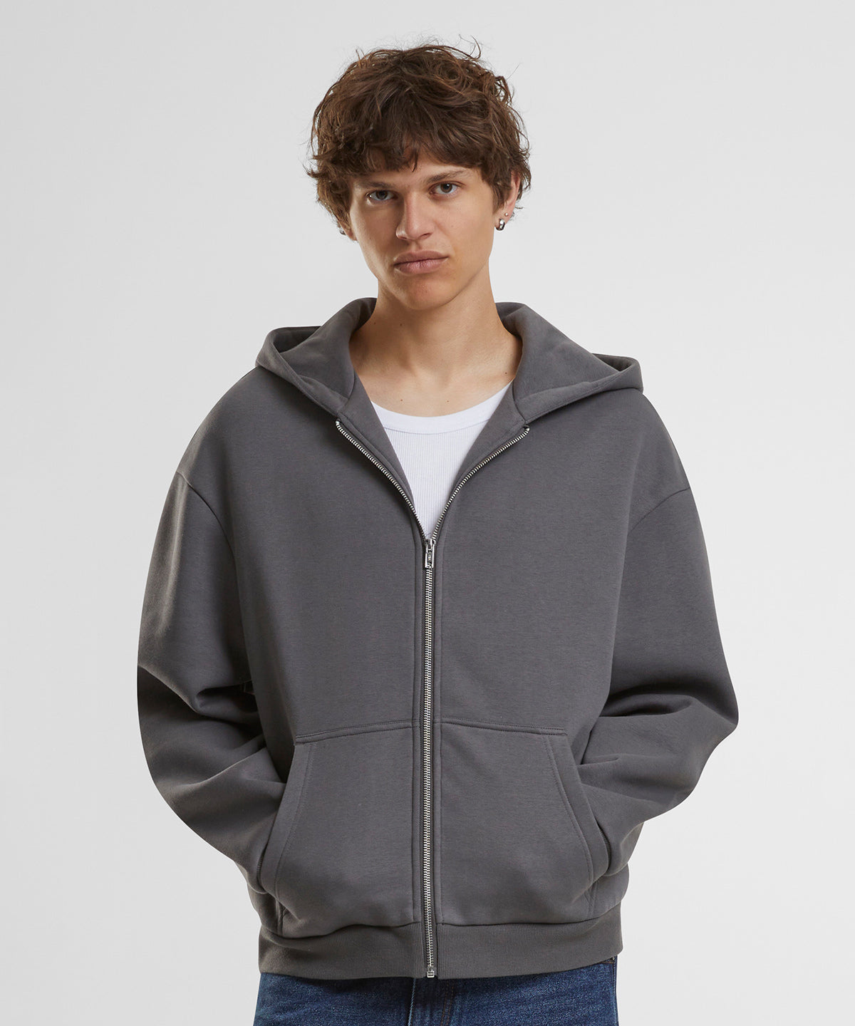 Build Your Brand Fluffy zip hoodie, lifestyle photo