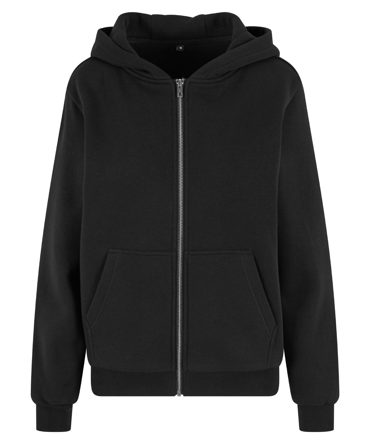 Build Your Brand Women’s fluffy zip hoodie in Black, front view